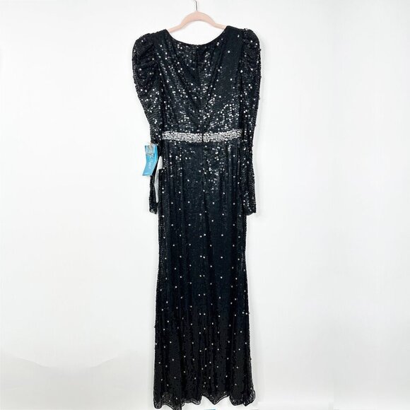 Mac Duggal Sequined Faux Wrap Puff Sleeve Trumpet Black Gown 8 #8523 - Picture 5 of 8